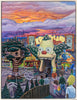 Colorful illustration of a theme park with a large character in the foreground, set against a vibrant sky.
