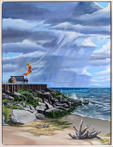 A painting depicting a stormy scene with a figure playing with a kite on a bench near a beach, with a backdrop of stormy clouds and a calm sea.