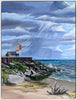 A painting depicting a stormy scene with a figure playing with a kite on a bench near a beach, with a backdrop of stormy clouds and a calm sea.