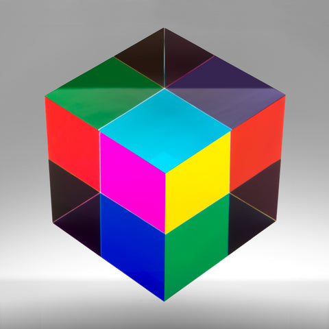 a beautiful 40 x 40 inch photograph of a large colourful cube with sections in cyan, yellow, magenta, green, red, purple, brown and black against a grey vignette background.