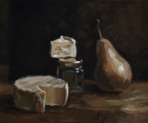 Still Life with Brie, Jar, and a Pear
